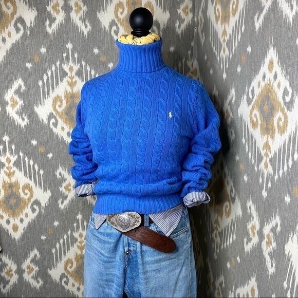 Ralph Lauren Blue Label Sweaters - Ralph Lauren Cornflower Blue Wool Cashmere Cable Knit Turtleneck Sweater